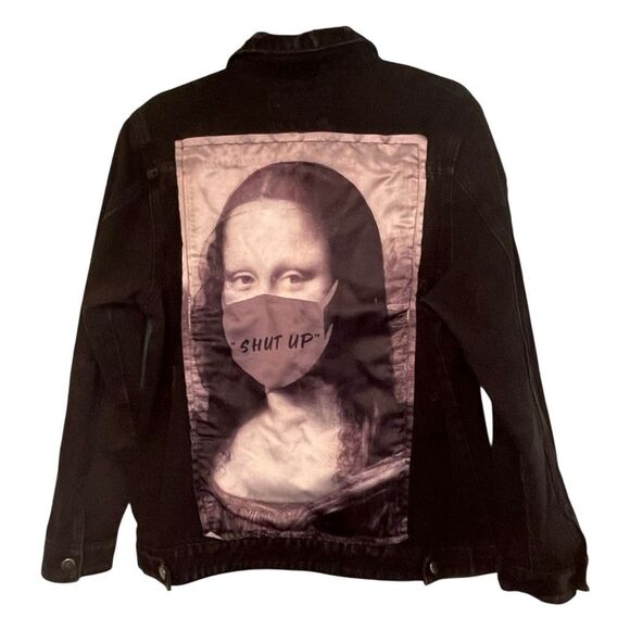 American Bazi Jackets & Blazers - American Bazi Mona Lisa Graffiti Shut Up Jean Jacket Black Distressed Denim M